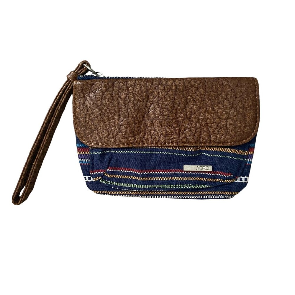 Aero women's small navy blue striped wristlet pouch bag clutch leather flap